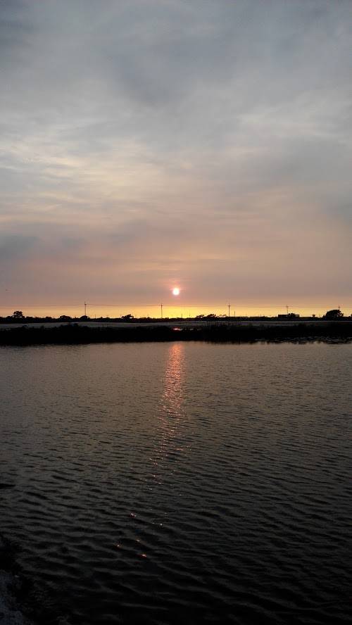 河堤水面映照的夕照