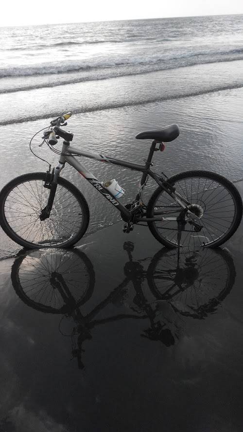單車停靠在海邊濕沙上